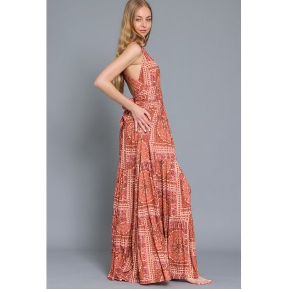 Aakaa Brick Twist Tie Back Tiered Bohemian Maxi Dress DA28082Y - Picture 7 of 12